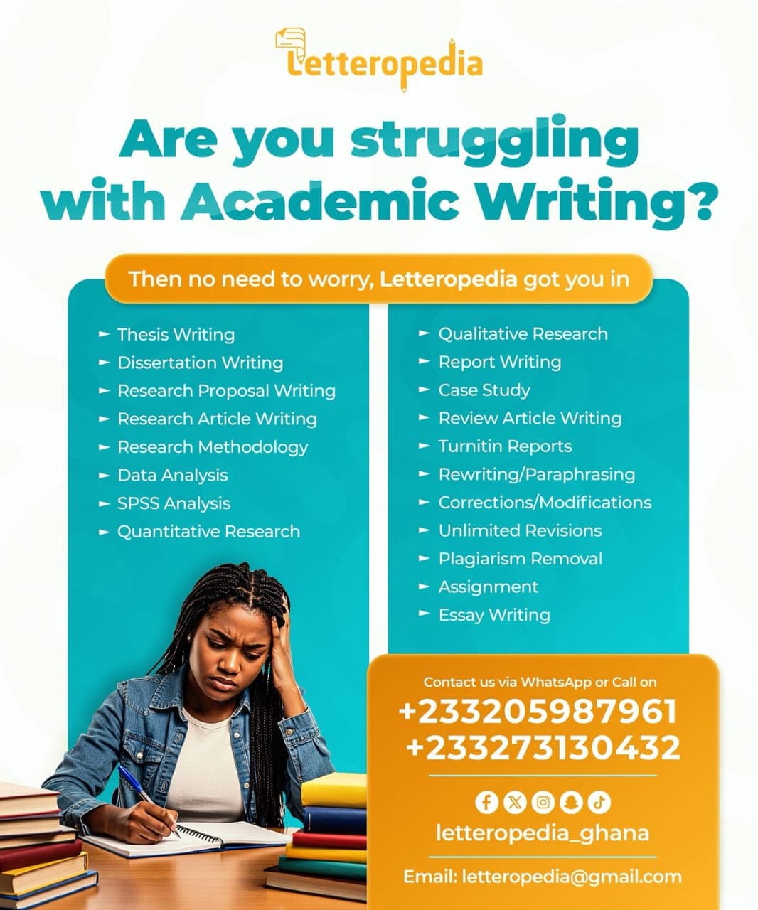 Letteropedia flyer: the academic writing services we offer